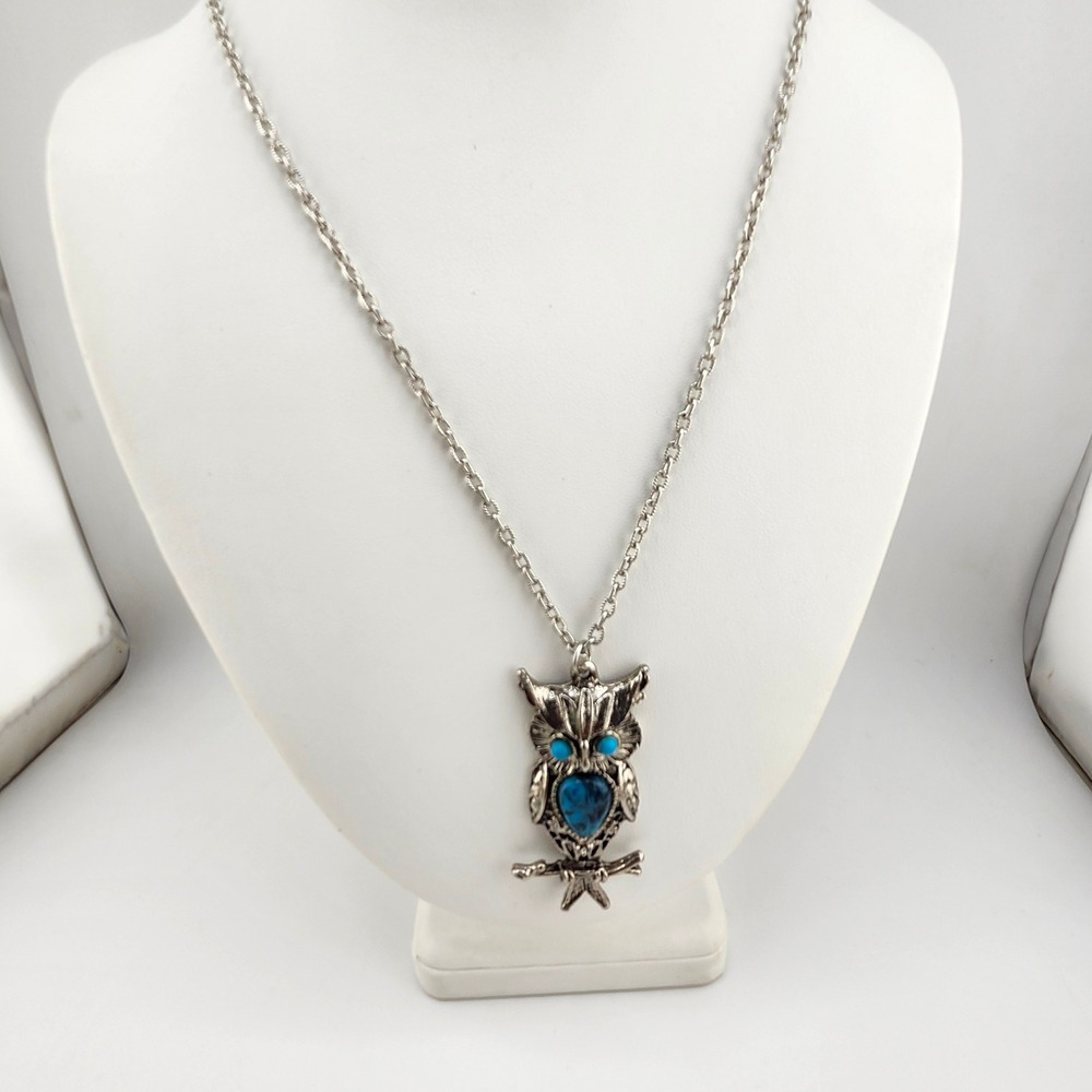 Owl Necklace Silver Tone with Turquoise Colored Stones Pendant Jewelry‎